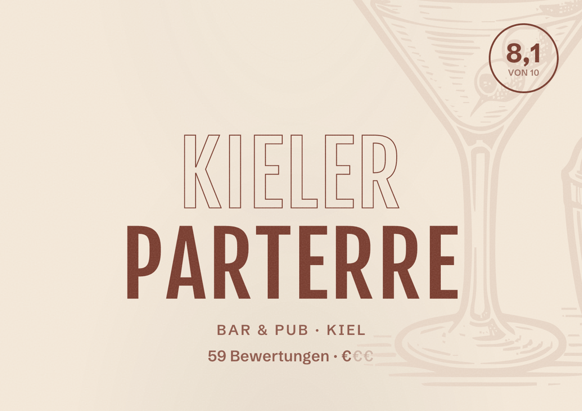 Illustriertes Poster von Kieler Parterre, Bar & Pub in Kiel: Bewertung 8,1 von 10 aus 59 Bewertungen, Preisniveau €