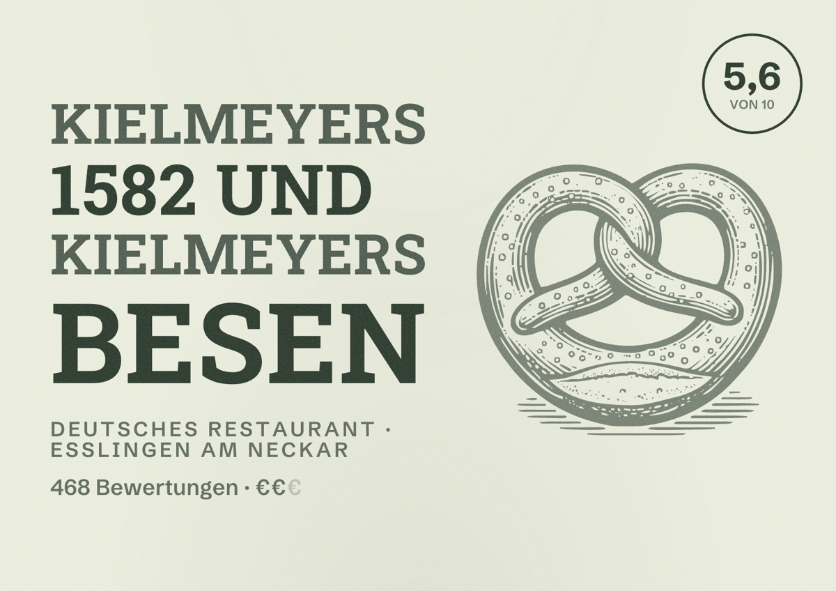 Illustriertes Poster von Kielmeyers 1582 und Kielmeyers Besen, Deutsches Restaurant in Esslingen am Neckar: Bewertung 5,6 von 10 aus 468 Bewertungen, Preisniveau €€