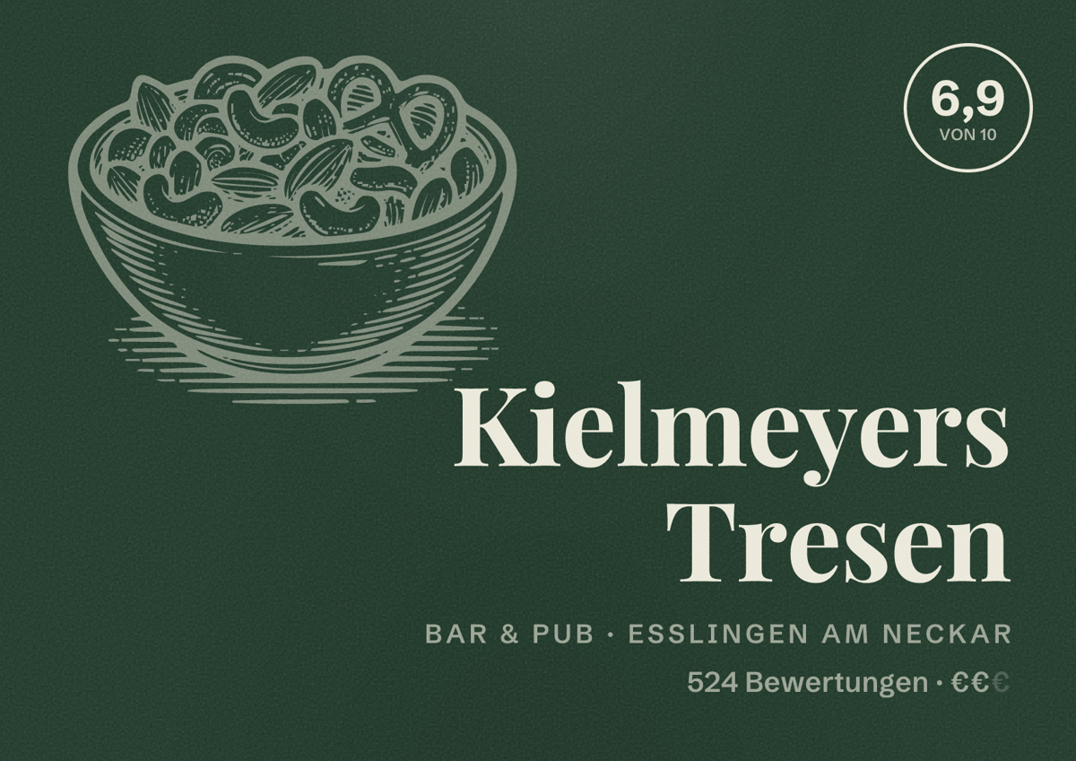Illustriertes Poster von Kielmeyers Tresen, Bar & Pub in Esslingen am Neckar: Bewertung 6,9 von 10 aus 524 Bewertungen, Preisniveau €€
