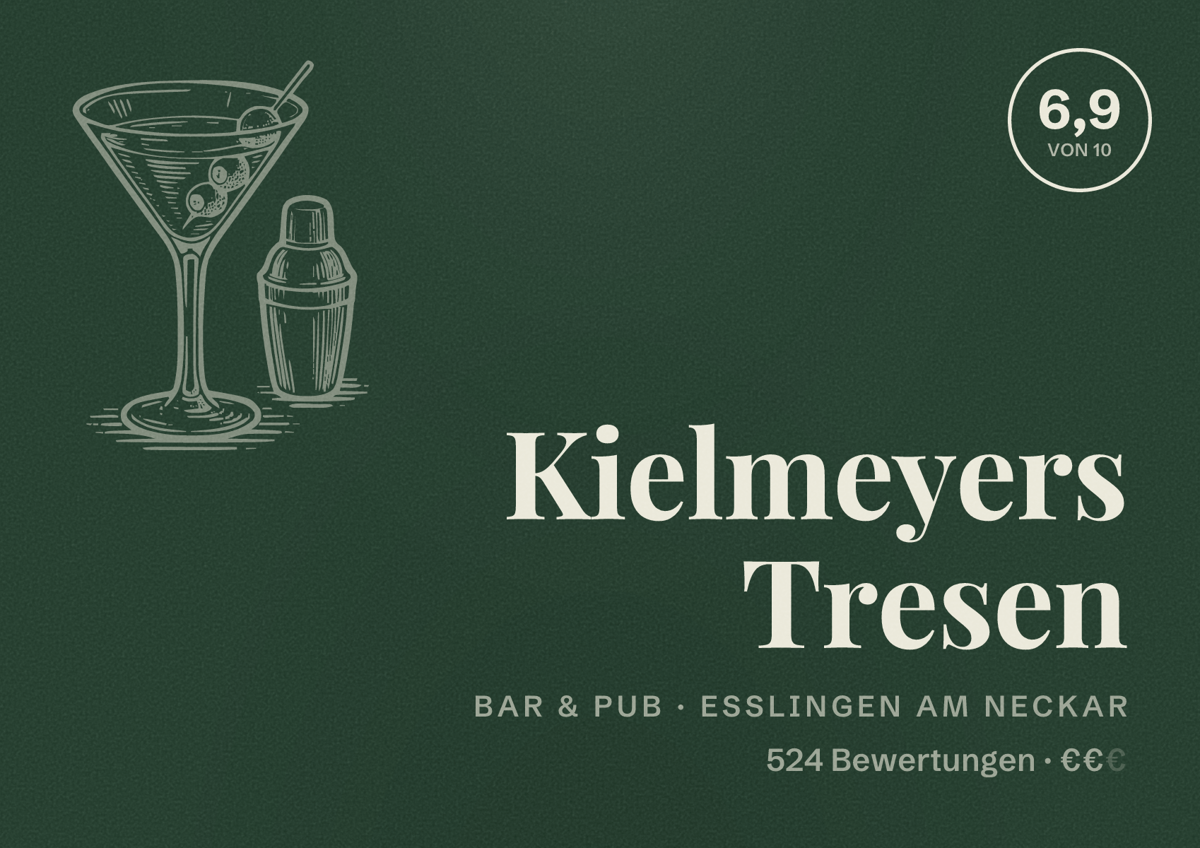 Illustriertes Poster von Kielmeyers Tresen, Bar & Pub in Esslingen am Neckar: Bewertung 6,9 von 10 aus 524 Bewertungen, Preisniveau €€