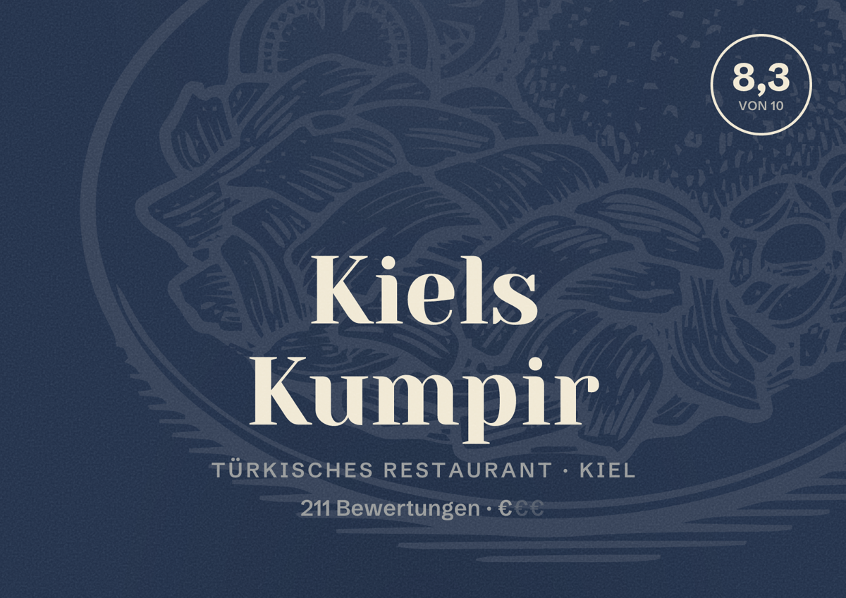 Illustriertes Poster von Kiels Kumpir, Türkisches Restaurant in Kiel: Bewertung 8,3 von 10 aus 211 Bewertungen, Preisniveau €