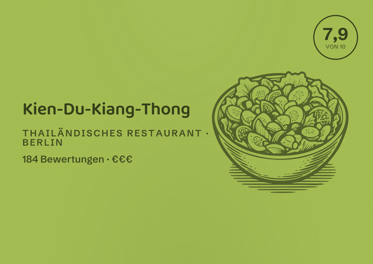 Illustriertes Poster von Kien-Du-Kiang-Thong, Thailändisches Restaurant in Berlin: Bewertung 7,9 von 10 aus 184 Bewertungen, Preisniveau €€€