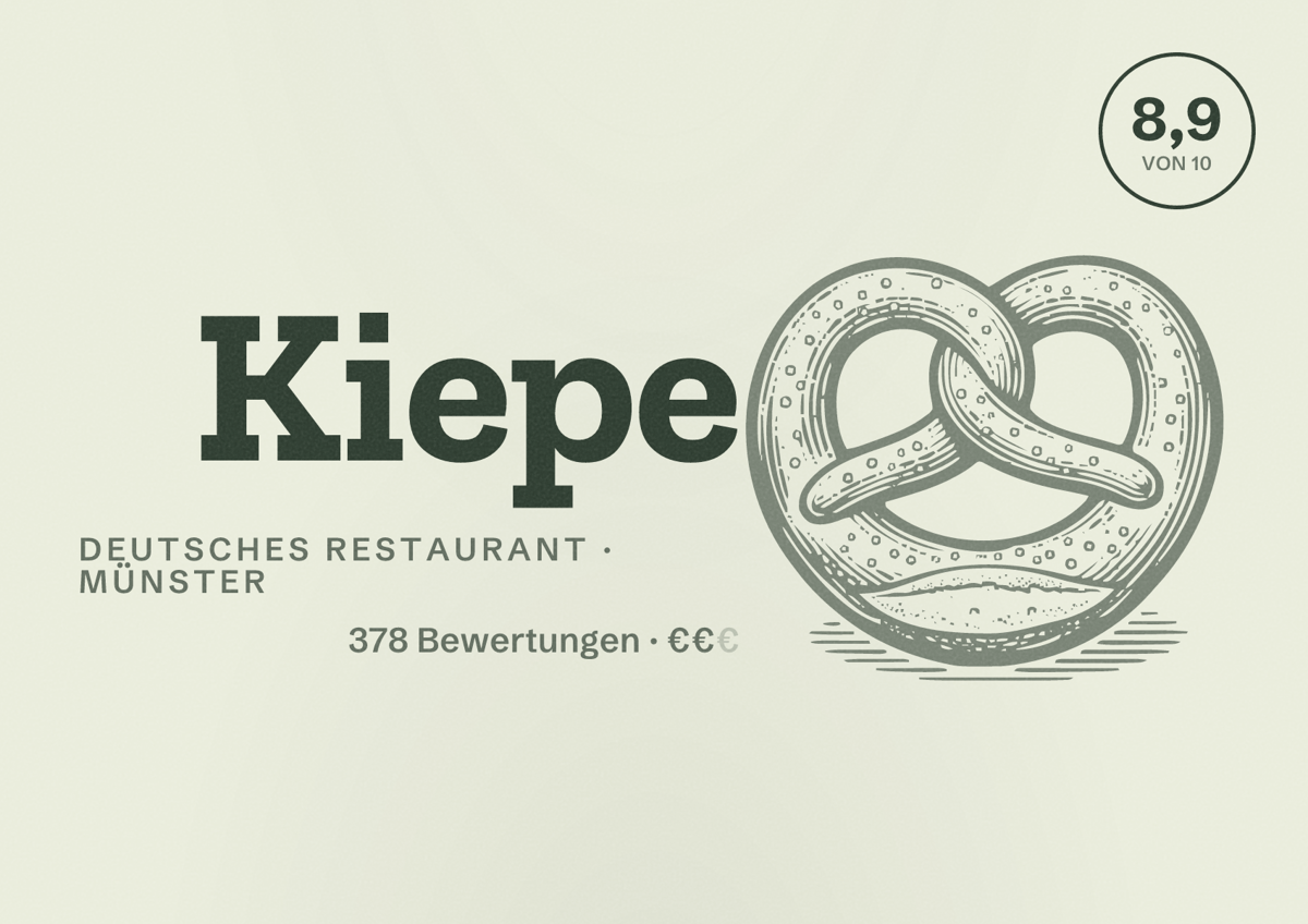 Illustriertes Poster von Kiepe, Deutsches Restaurant in Münster: Bewertung 8,9 von 10 aus 378 Bewertungen, Preisniveau €€