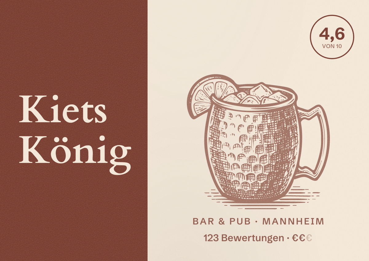 Illustriertes Poster von Kiets König, Bar & Pub in Mannheim: Bewertung 4,6 von 10 aus 123 Bewertungen, Preisniveau €€