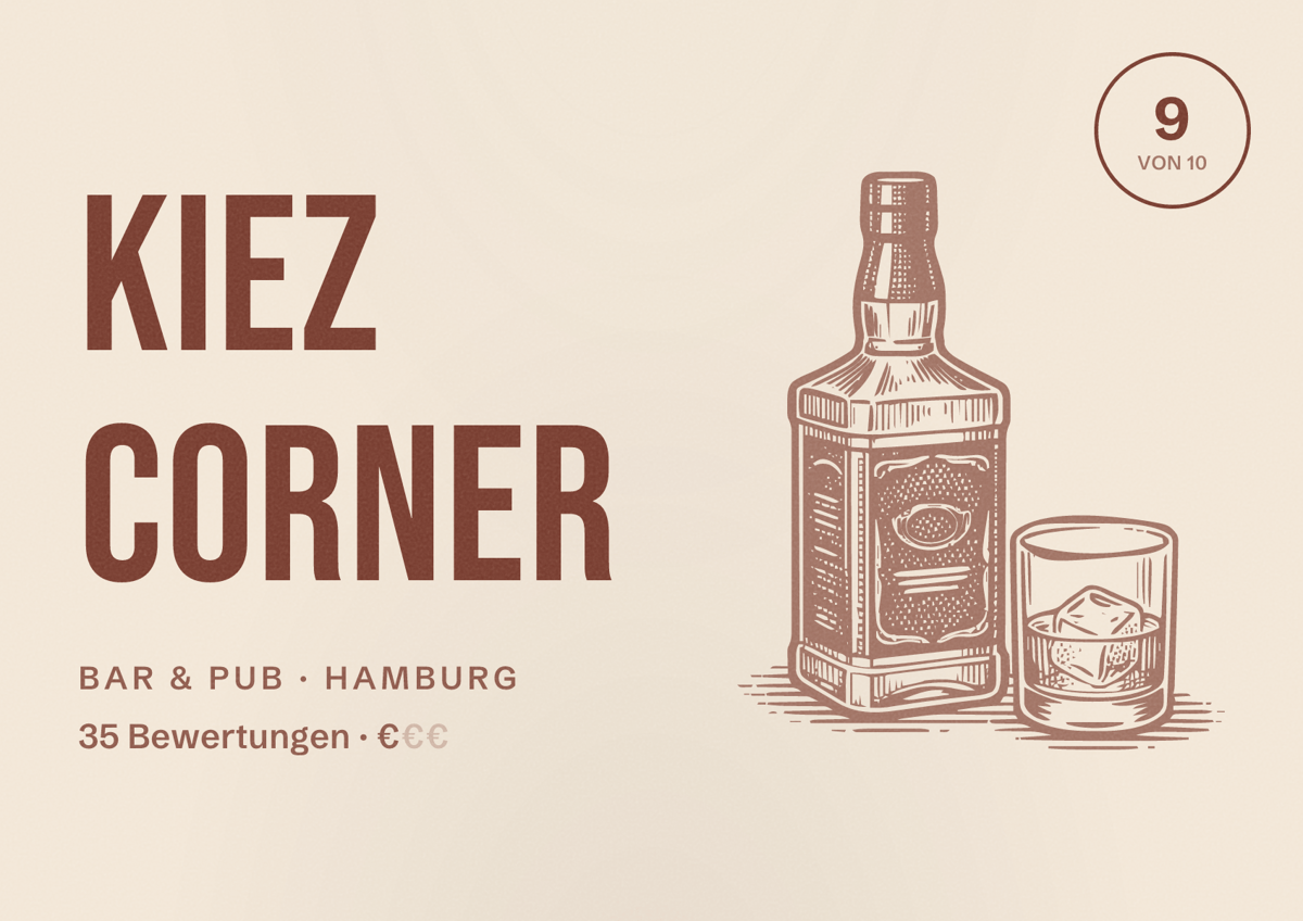 Illustriertes Poster von Kiez Corner, Bar & Pub in Hamburg: Bewertung 9 von 10 aus 35 Bewertungen, Preisniveau €