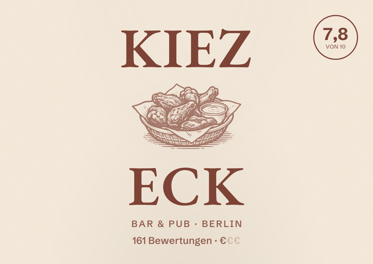 Illustriertes Poster von Kiez Eck, Bar & Pub in Berlin: Bewertung 7,8 von 10 aus 161 Bewertungen, Preisniveau €
