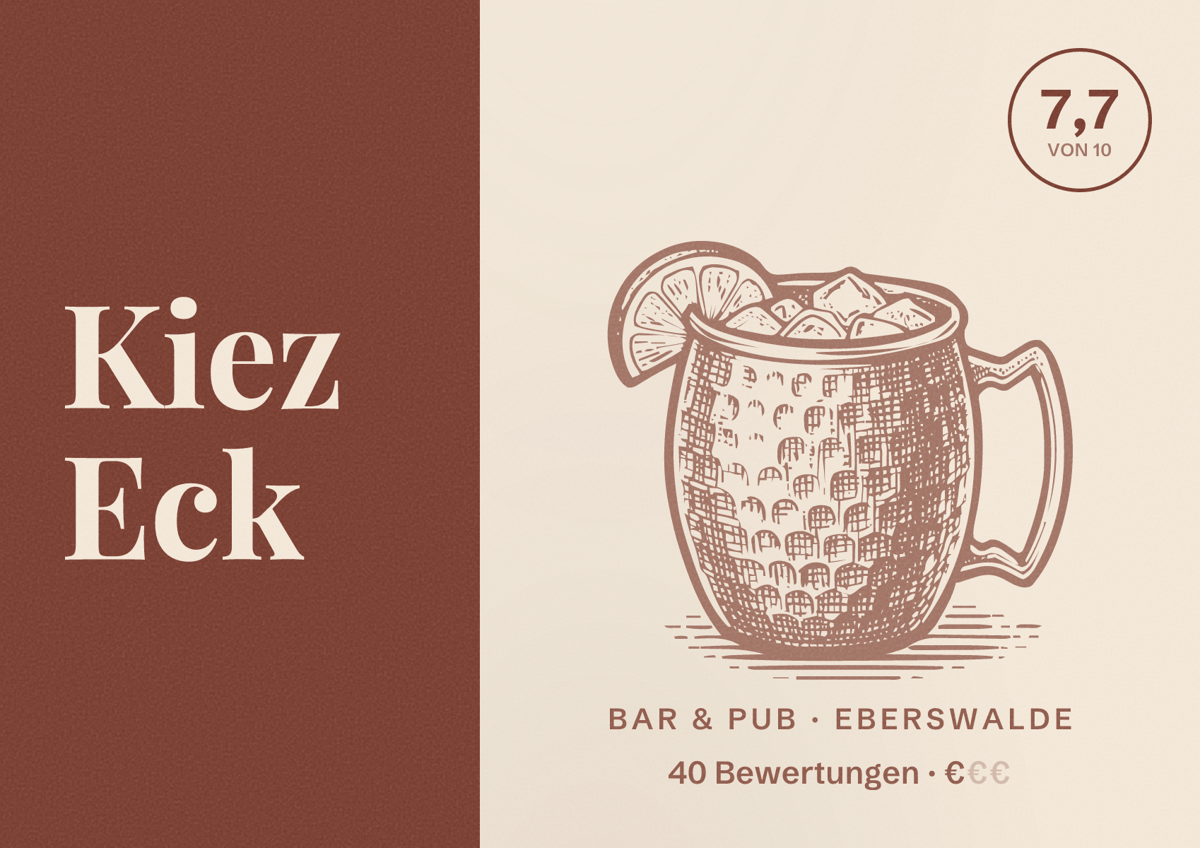 Illustriertes Poster von Kiez Eck, Bar & Pub in Eberswalde: Bewertung 7,7 von 10 aus 40 Bewertungen, Preisniveau €