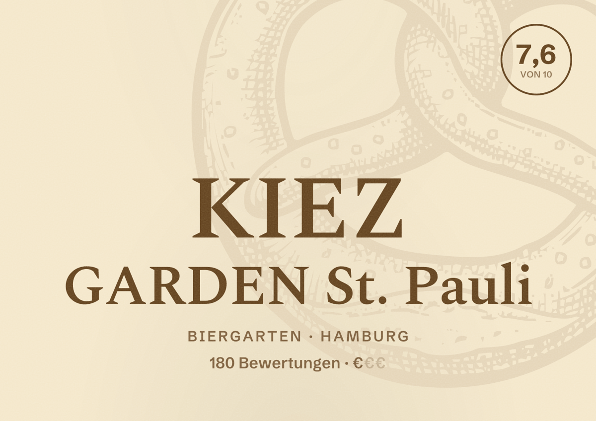 Illustriertes Poster von KIEZ GARDEN St. Pauli, Biergarten in Hamburg: Bewertung 7,6 von 10 aus 180 Bewertungen, Preisniveau €