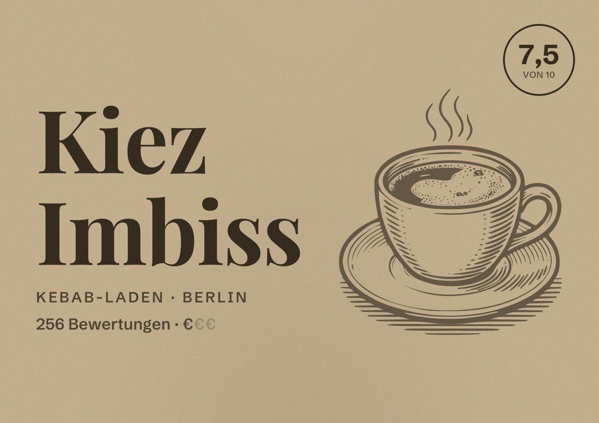Illustriertes Poster von Kiez Imbiss, Kebab-Laden in Berlin: Bewertung 7,5 von 10 aus 256 Bewertungen, Preisniveau €