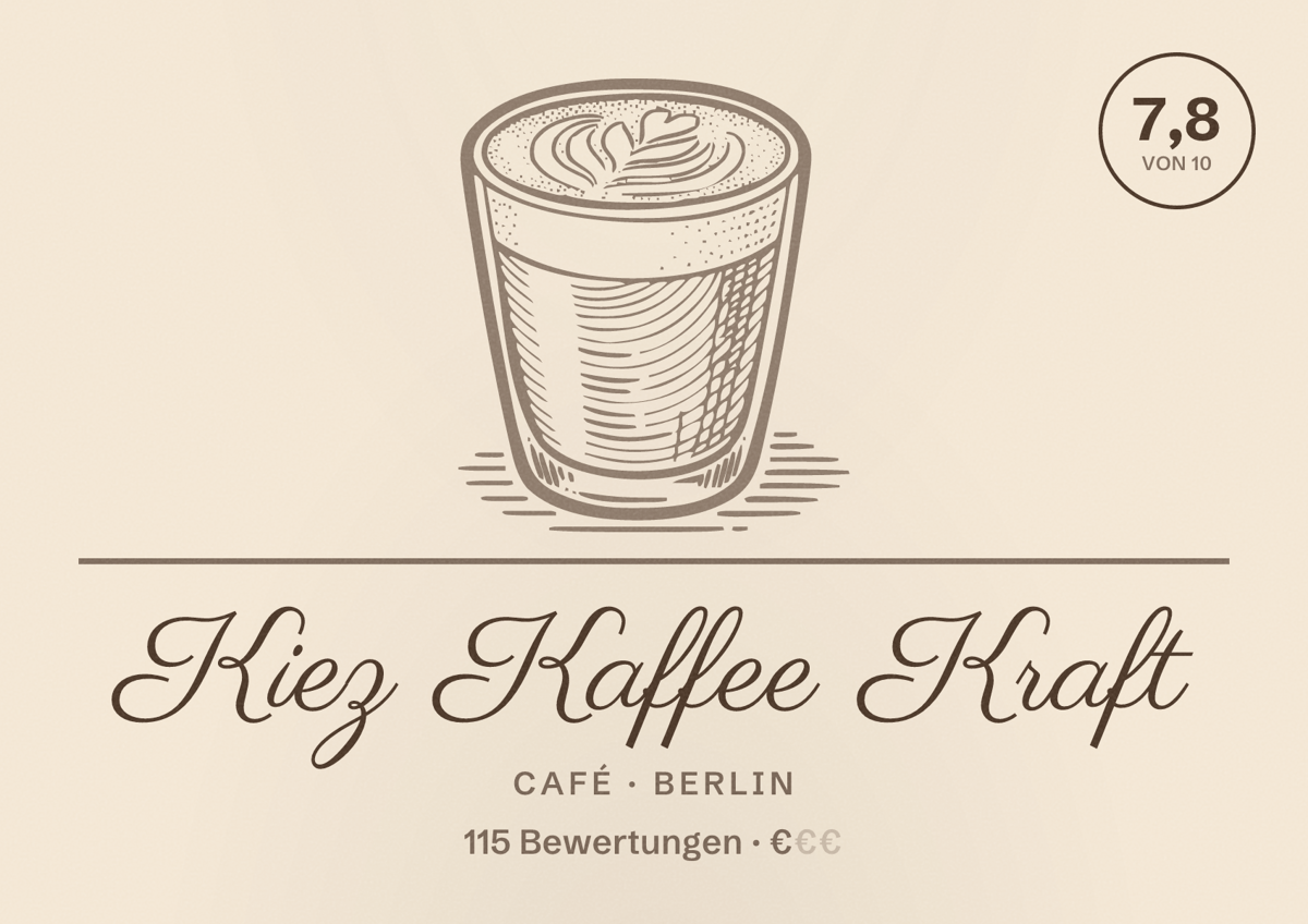 Illustriertes Poster von Kiez Kaffee Kraft, Café in Berlin: Bewertung 7,8 von 10 aus 115 Bewertungen, Preisniveau €
