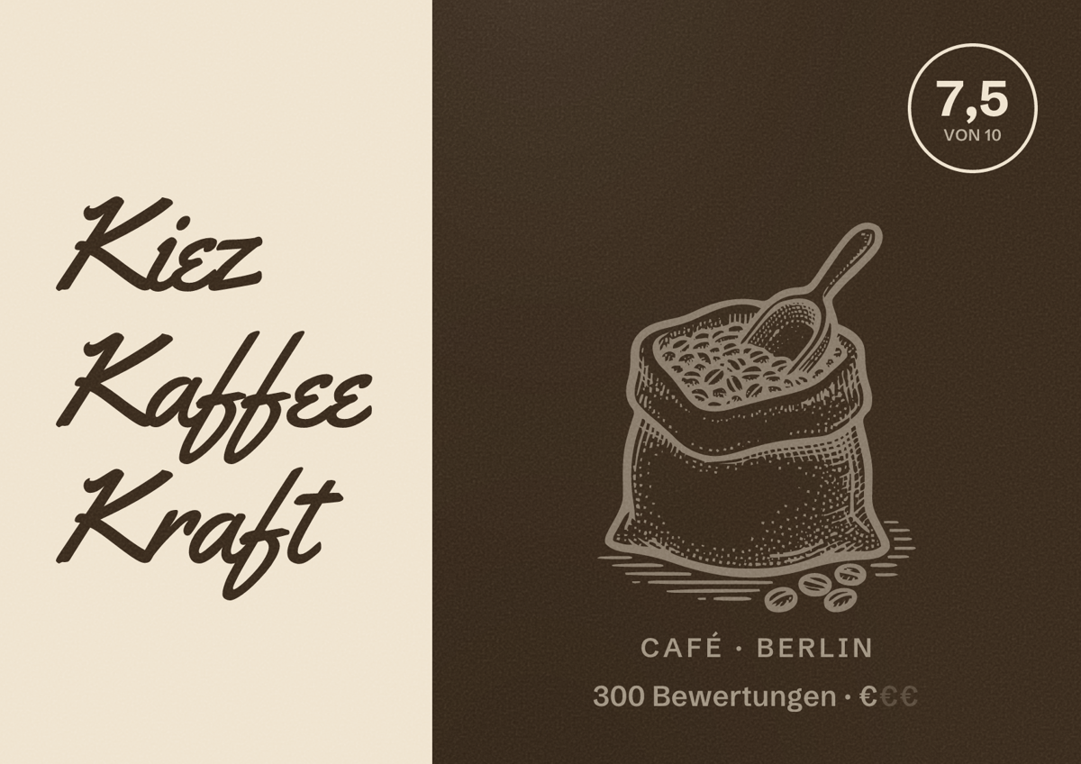 Illustriertes Poster von Kiez Kaffee Kraft, Café in Berlin: Bewertung 7,5 von 10 aus 300 Bewertungen, Preisniveau €