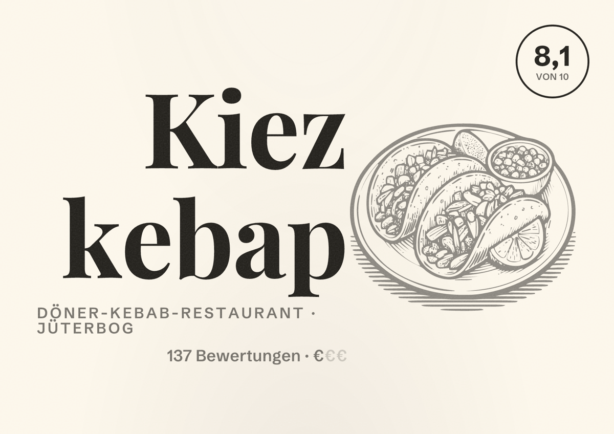 Illustriertes Poster von Kiez kebap, Döner-Kebab-Restaurant in Jüterbog: Bewertung 8,1 von 10 aus 137 Bewertungen, Preisniveau €
