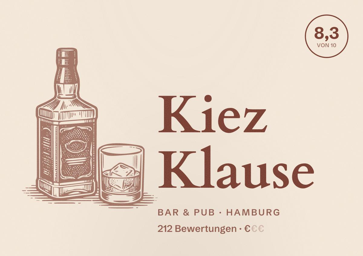 Illustriertes Poster von Kiez Klause, Bar & Pub in Hamburg: Bewertung 8,3 von 10 aus 212 Bewertungen, Preisniveau €