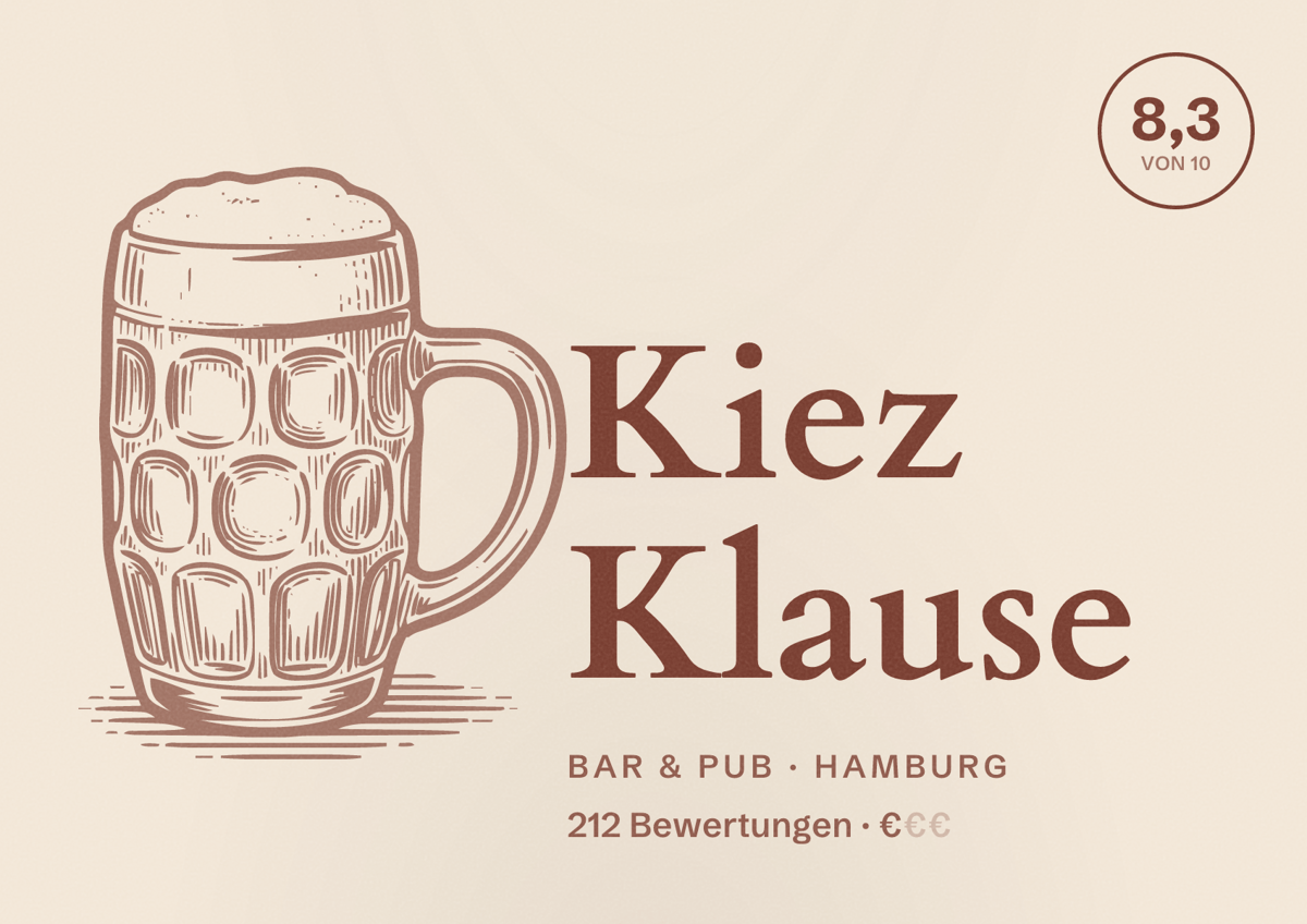 Illustriertes Poster von Kiez Klause, Bar & Pub in Hamburg: Bewertung 8,3 von 10 aus 212 Bewertungen, Preisniveau €