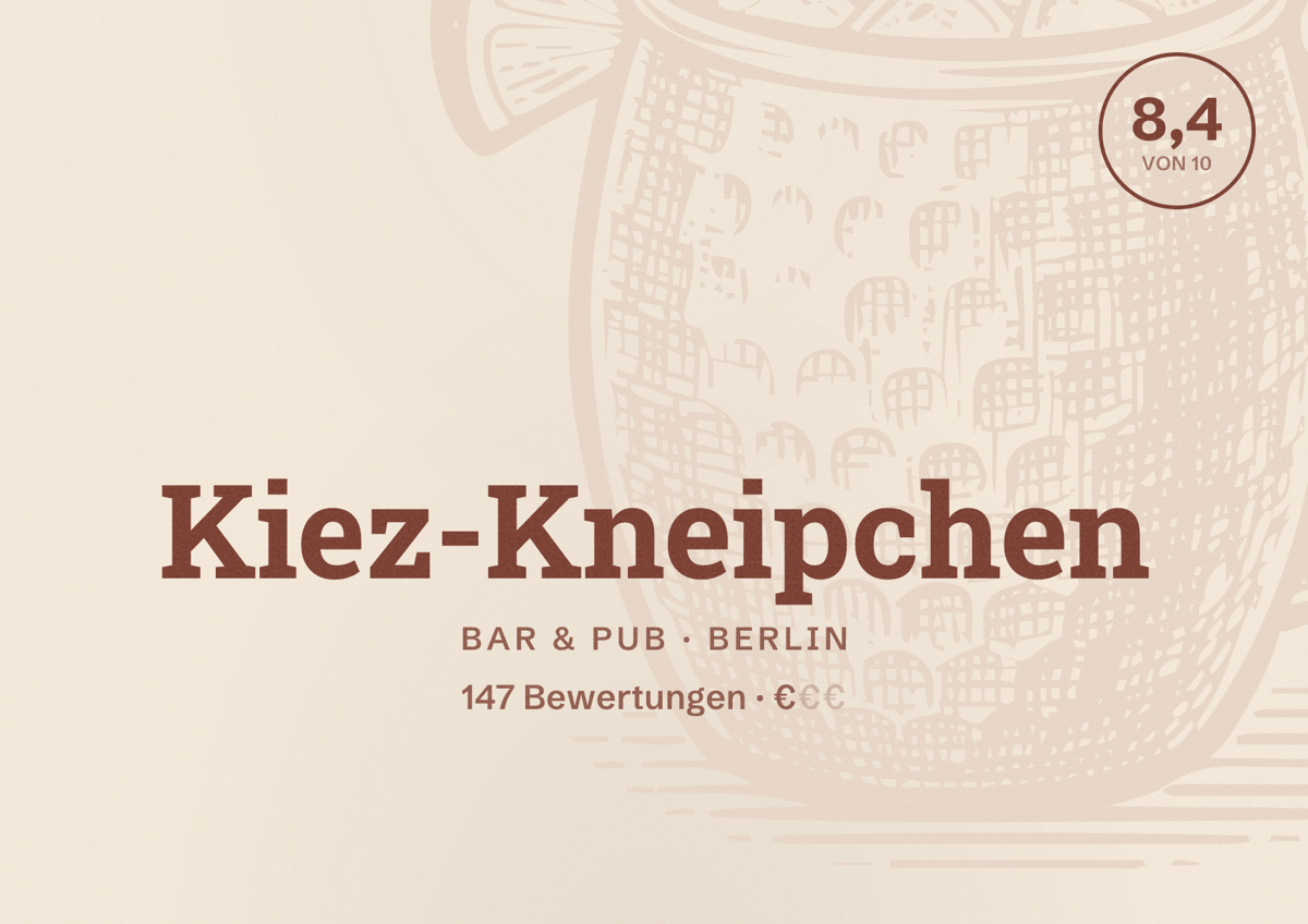 Illustriertes Poster von Kiez-Kneipchen, Bar & Pub in Berlin: Bewertung 8,4 von 10 aus 147 Bewertungen, Preisniveau €