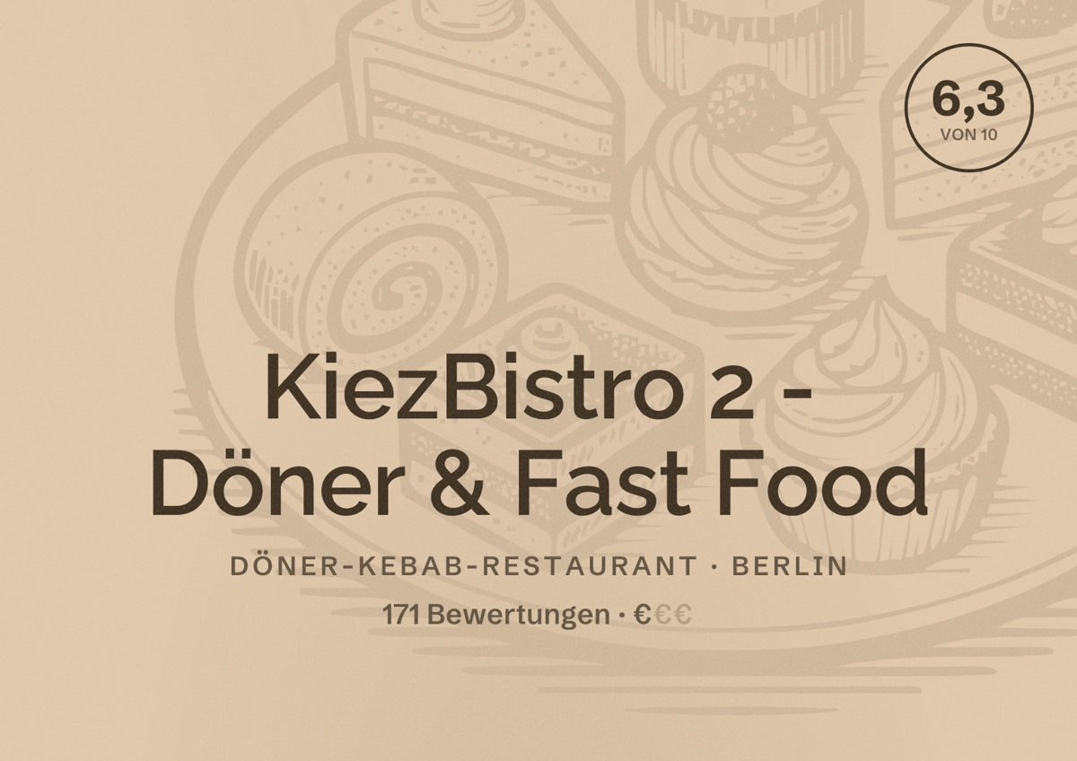 Illustriertes Poster von KiezBistro 2 - Döner & Fast Food, Döner-Kebab-Restaurant in Berlin: Bewertung 6,3 von 10 aus 171 Bewertungen, Preisniveau €