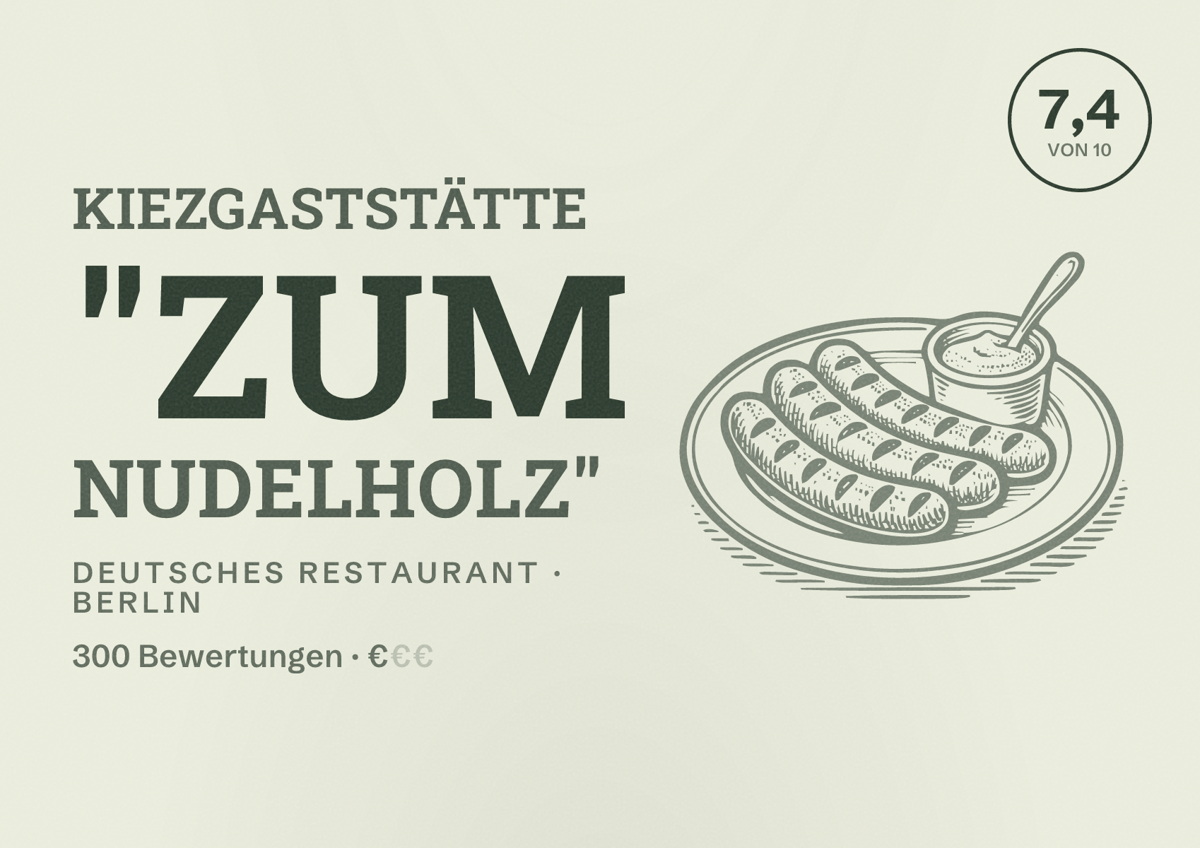 Illustriertes Poster von Kiezgaststätte "Zum Nudelholz", Deutsches Restaurant in Berlin: Bewertung 7,4 von 10 aus 300 Bewertungen, Preisniveau €
