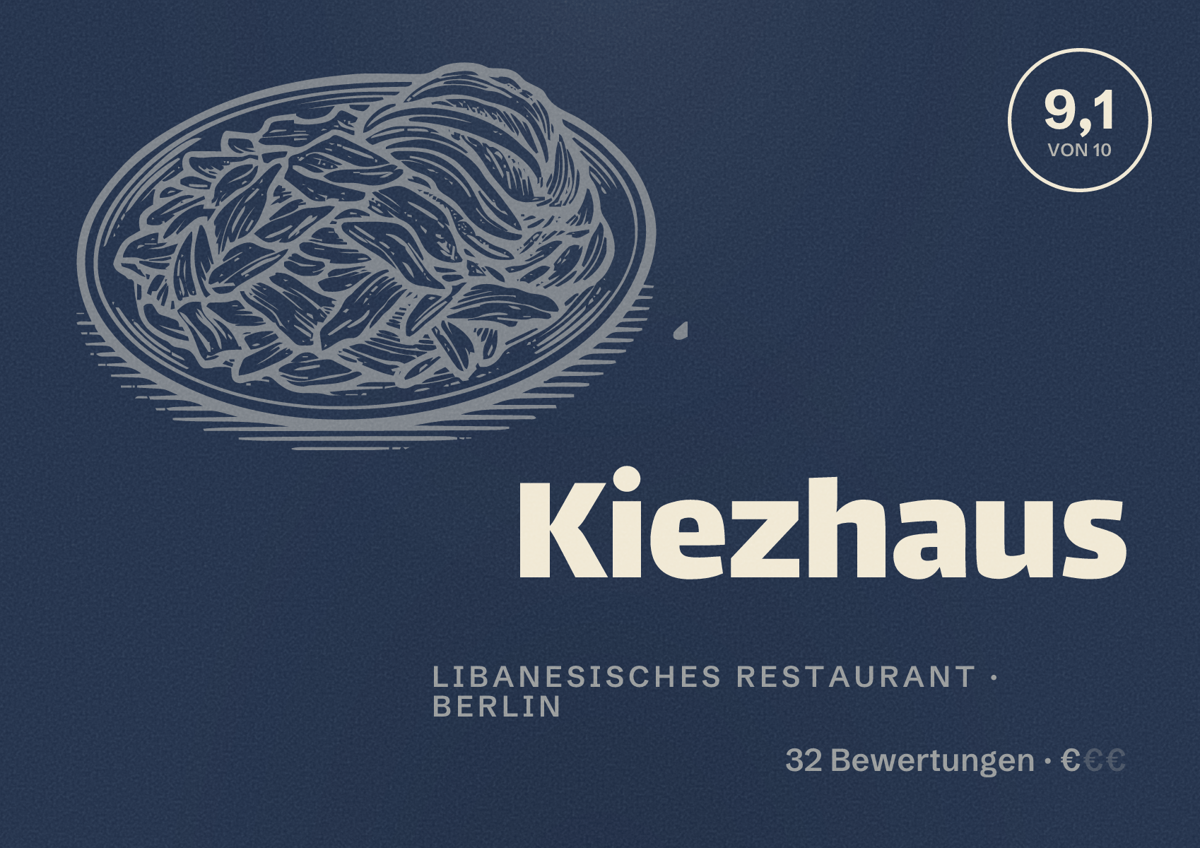 Illustriertes Poster von Kiezhaus, Libanesisches Restaurant in Berlin: Bewertung 9,1 von 10 aus 32 Bewertungen, Preisniveau €
