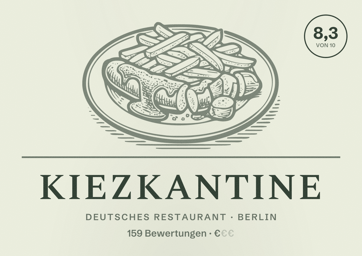Illustriertes Poster von Kiezkantine, Deutsches Restaurant in Berlin: Bewertung 8,3 von 10 aus 159 Bewertungen, Preisniveau €