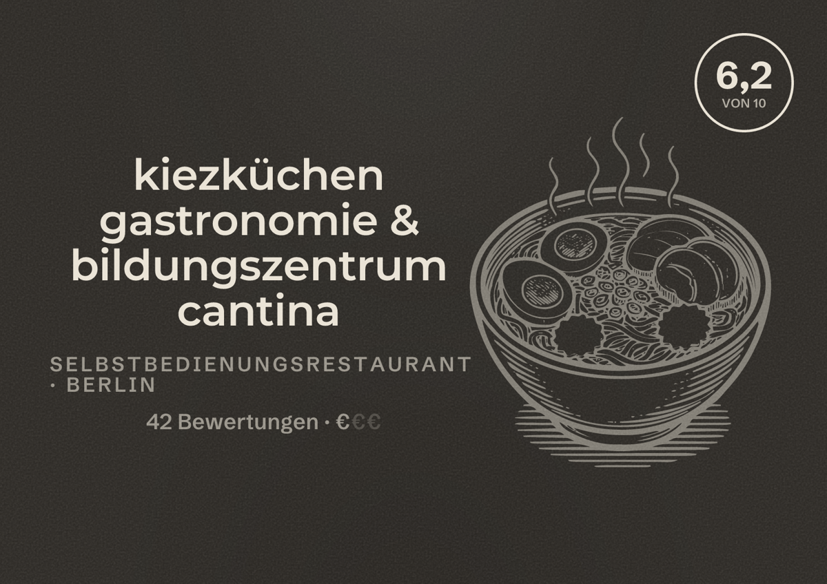 Illustriertes Poster von kiezküchen gastronomie & bildungszentrum cantina, Selbstbedienungsrestaurant in Berlin: Bewertung 6,2 von 10 aus 42 Bewertungen, Preisniveau €