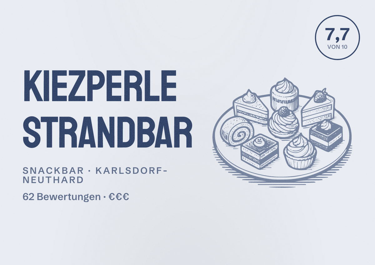 Illustriertes Poster von Kiezperle Strandbar, Snackbar in Karlsdorf-Neuthard: Bewertung 7,7 von 10 aus 62 Bewertungen, Preisniveau €€€