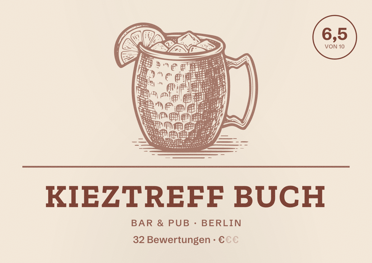Illustriertes Poster von Kieztreff Buch, Bar & Pub in Berlin: Bewertung 6,5 von 10 aus 32 Bewertungen, Preisniveau €