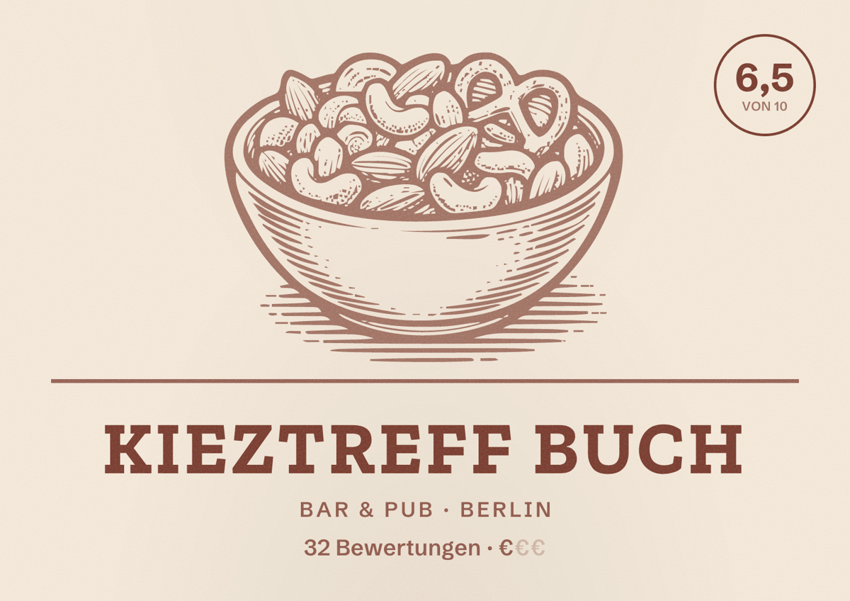 Illustriertes Poster von Kieztreff Buch, Bar & Pub in Berlin: Bewertung 6,5 von 10 aus 32 Bewertungen, Preisniveau €
