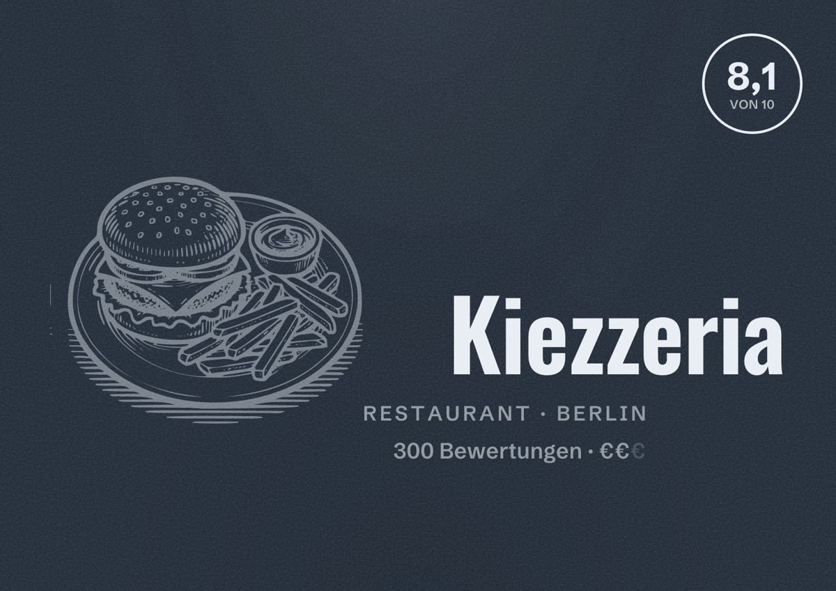 Illustriertes Poster von Kiezzeria, Restaurant in Berlin: Bewertung 8,1 von 10 aus 300 Bewertungen, Preisniveau €€