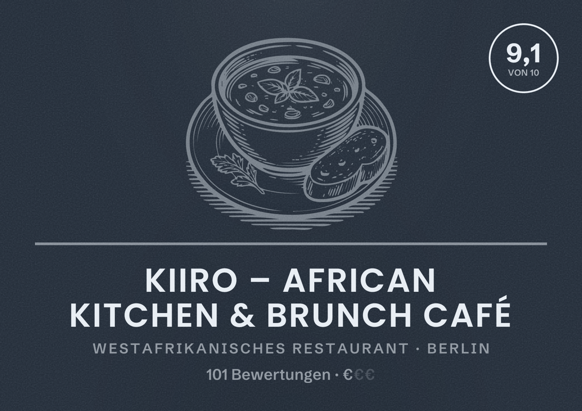 Illustriertes Poster von KiiRo – African Kitchen & Brunch Café, Westafrikanisches Restaurant in Berlin: Bewertung 9,1 von 10 aus 101 Bewertungen, Preisniveau €
