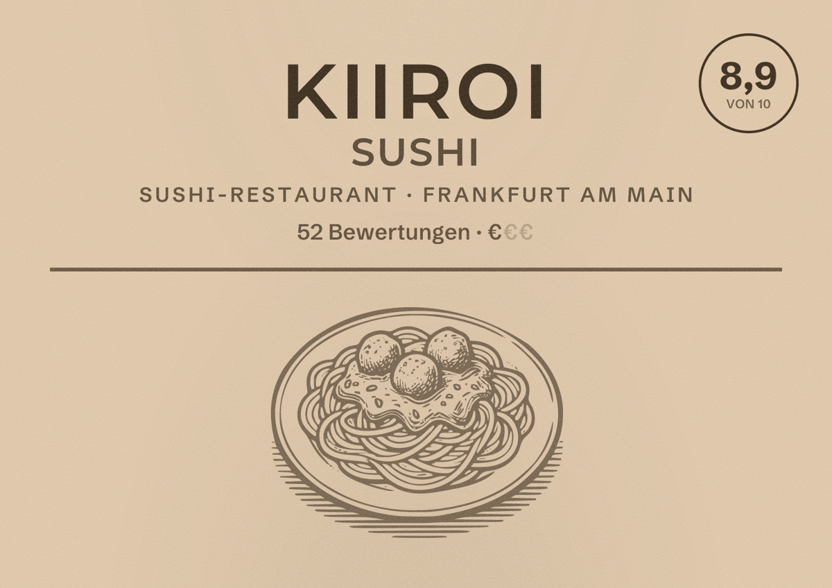 Illustriertes Poster von Kiiroi Sushi, Sushi-Restaurant in Frankfurt am Main: Bewertung 8,9 von 10 aus 52 Bewertungen, Preisniveau €