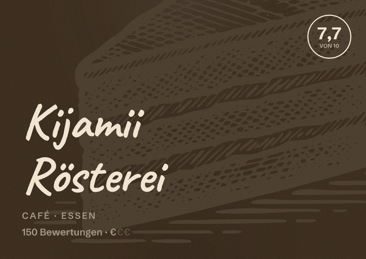 Illustriertes Poster von Kijamii Rösterei, Café in Essen: Bewertung 7,7 von 10 aus 150 Bewertungen, Preisniveau €