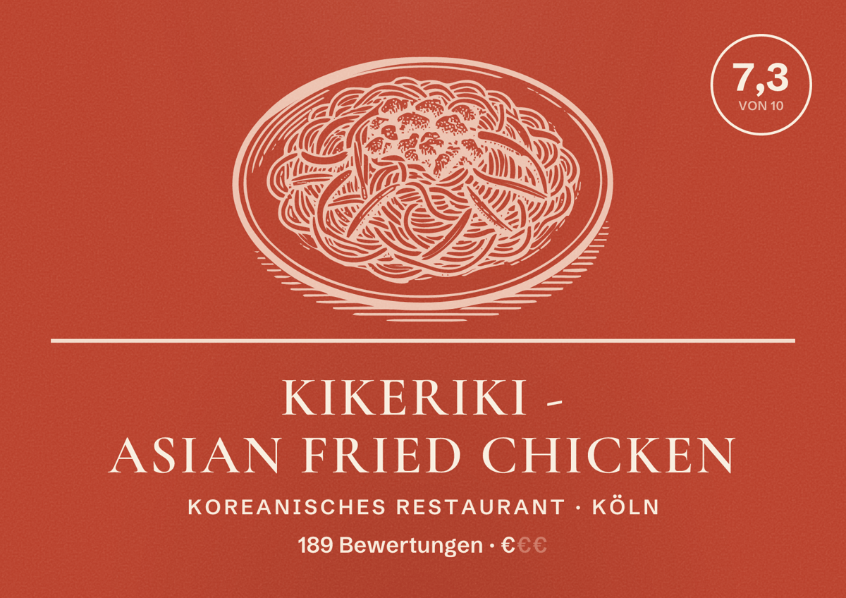 Illustriertes Poster von Kikeriki - Asian fried chicken, Koreanisches Restaurant in Köln: Bewertung 7,3 von 10 aus 189 Bewertungen, Preisniveau €