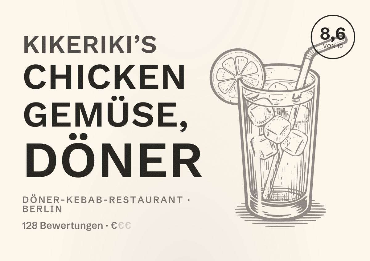 Illustriertes Poster von Kikeriki’s chicken Gemüse, Döner, Döner-Kebab-Restaurant in Berlin: Bewertung 8,6 von 10 aus 128 Bewertungen, Preisniveau €