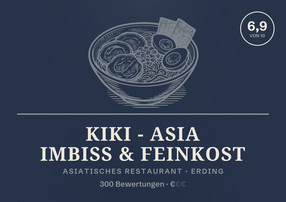 Illustriertes Poster von Kiki - Asia Imbiss & Feinkost, Asiatisches Restaurant in Erding: Bewertung 6,9 von 10 aus 300 Bewertungen, Preisniveau €