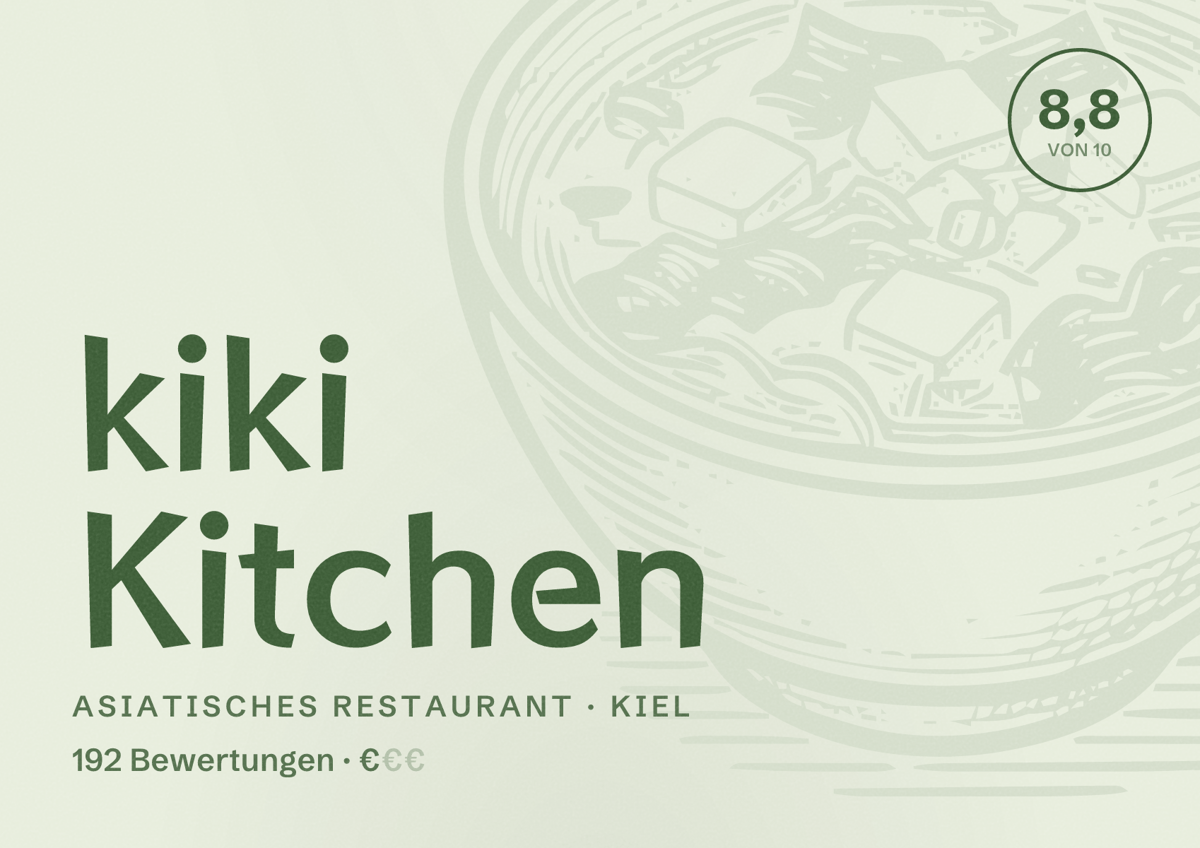 Illustriertes Poster von kiki Kitchen, Asiatisches Restaurant in Kiel: Bewertung 8,8 von 10 aus 192 Bewertungen, Preisniveau €