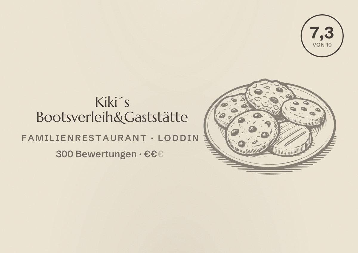 Illustriertes Poster von Kiki´s Bootsverleih&Gaststätte, Familienrestaurant in Loddin: Bewertung 7,3 von 10 aus 300 Bewertungen, Preisniveau €€