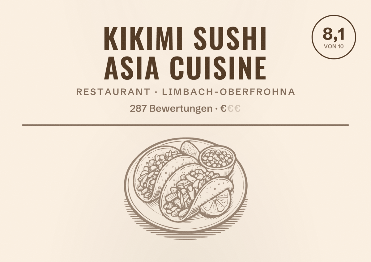 Illustriertes Poster von KiKiMi Sushi Asia Cuisine, Restaurant in Limbach-Oberfrohna: Bewertung 8,1 von 10 aus 287 Bewertungen, Preisniveau €