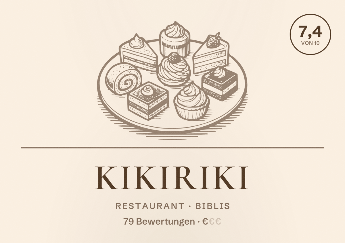 Illustriertes Poster von Kikiriki, Restaurant in Biblis: Bewertung 7,4 von 10 aus 79 Bewertungen, Preisniveau €