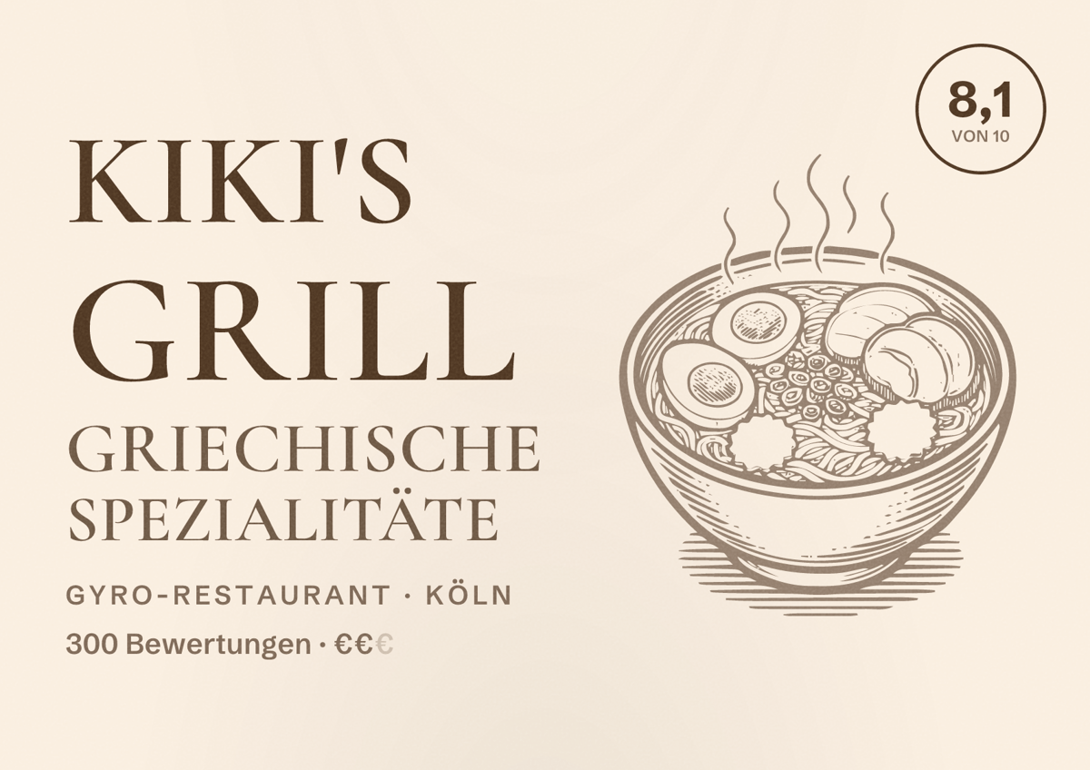 Illustriertes Poster von Kiki's Grill Griechische Spezialitäte, Gyro-Restaurant in Köln: Bewertung 8,1 von 10 aus 300 Bewertungen, Preisniveau €€
