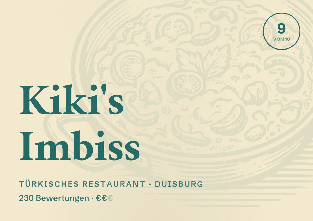 Illustriertes Poster von Kiki's Imbiss, Türkisches Restaurant in Duisburg: Bewertung 9 von 10 aus 230 Bewertungen, Preisniveau €€