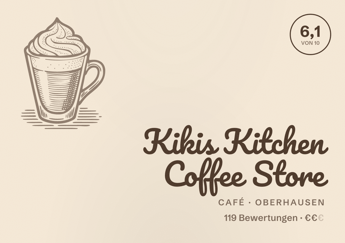 Illustriertes Poster von Kikis Kitchen Coffee Store, Café in Oberhausen: Bewertung 6,1 von 10 aus 119 Bewertungen, Preisniveau €€