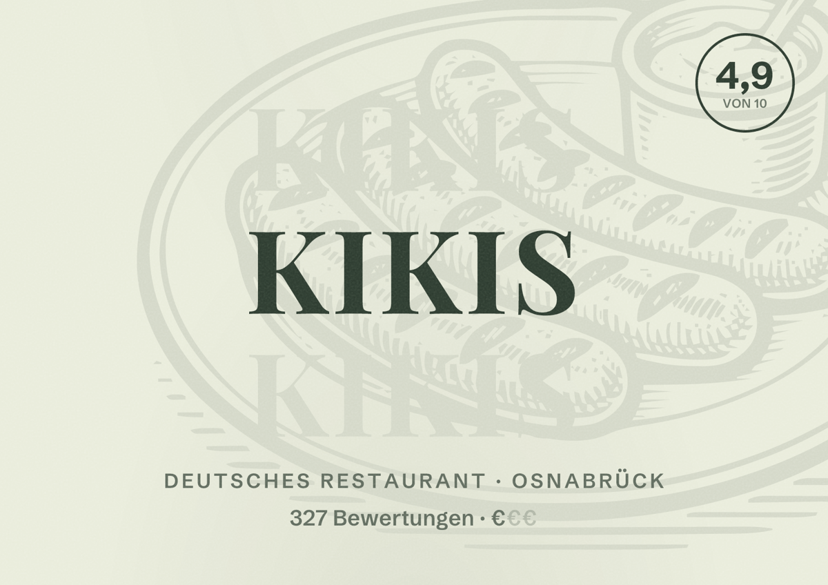 Illustriertes Poster von Kikis, Deutsches Restaurant in Osnabrück: Bewertung 4,9 von 10 aus 327 Bewertungen, Preisniveau €