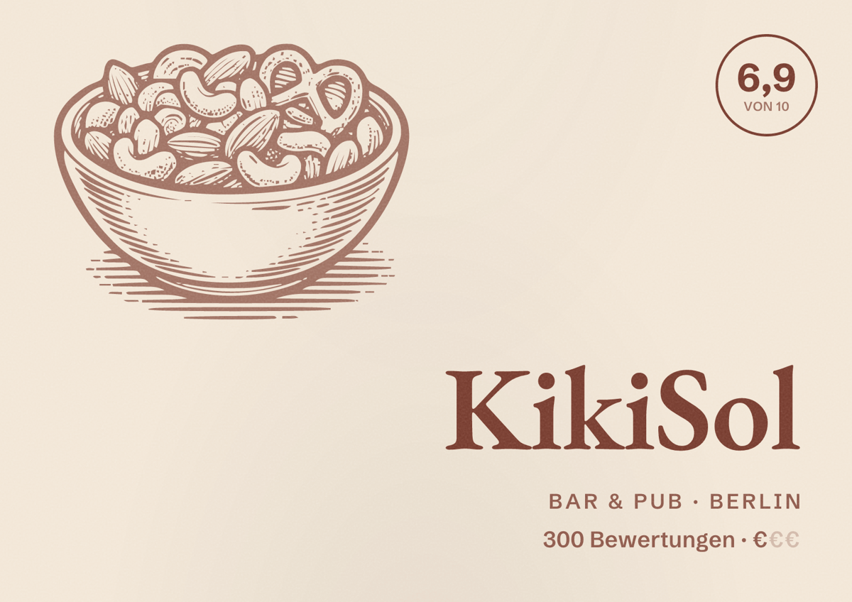 Illustriertes Poster von KikiSol, Bar & Pub in Berlin: Bewertung 6,9 von 10 aus 300 Bewertungen, Preisniveau €