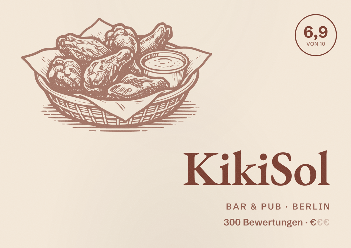 Illustriertes Poster von KikiSol, Bar & Pub in Berlin: Bewertung 6,9 von 10 aus 300 Bewertungen, Preisniveau €