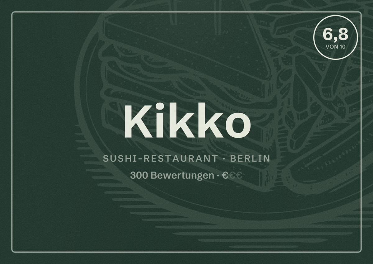 Illustriertes Poster von Kikko, Sushi-Restaurant in Berlin: Bewertung 6,8 von 10 aus 300 Bewertungen, Preisniveau €