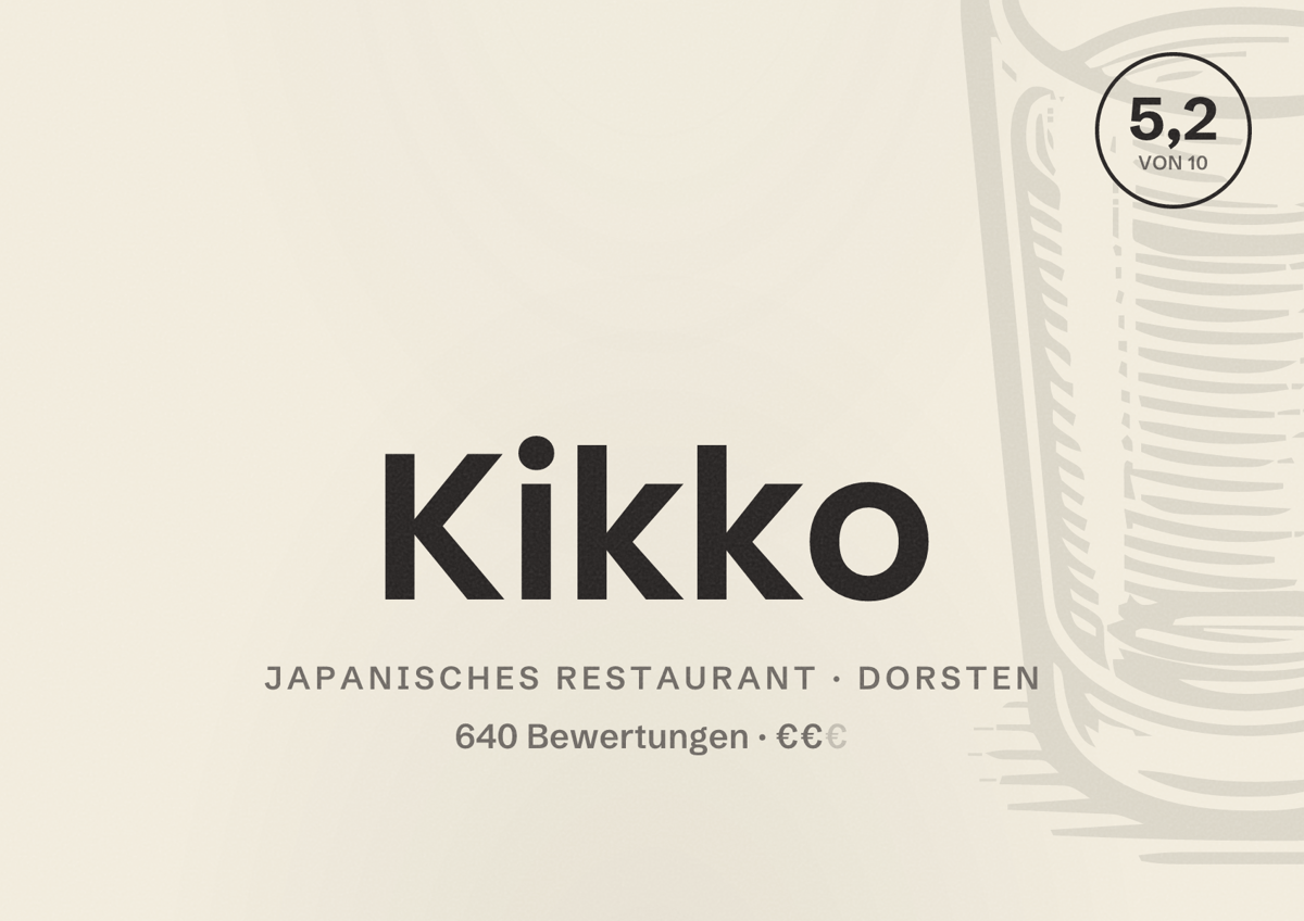 Illustriertes Poster von Kikko, Japanisches Restaurant in Dorsten: Bewertung 5,2 von 10 aus 640 Bewertungen, Preisniveau €€