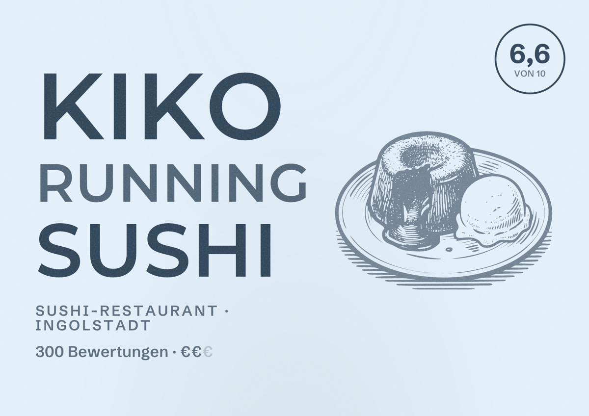Illustriertes Poster von KiKO Running Sushi, Sushi-Restaurant in Ingolstadt: Bewertung 6,6 von 10 aus 300 Bewertungen, Preisniveau €€