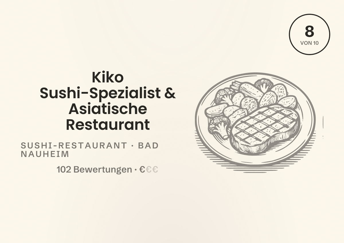 Illustriertes Poster von Kiko Sushi-Spezialist & Asiatische Restaurant, Sushi-Restaurant in Bad Nauheim: Bewertung 8 von 10 aus 102 Bewertungen, Preisniveau €