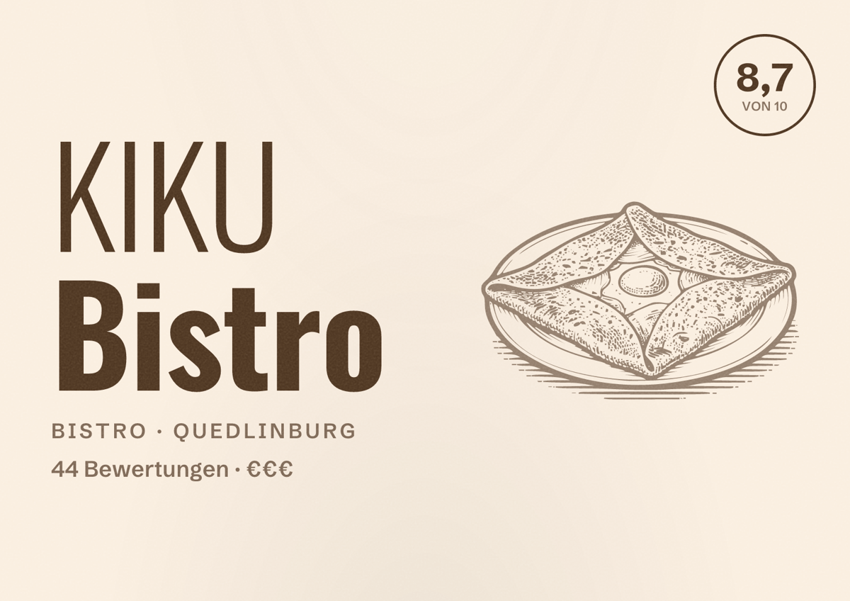 Illustriertes Poster von KIKU Bistro, Bistro in Quedlinburg: Bewertung 8,7 von 10 aus 44 Bewertungen, Preisniveau €€€