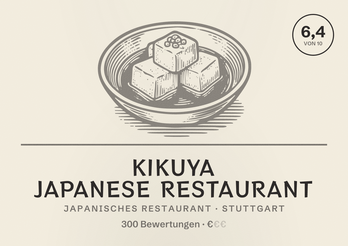Illustriertes Poster von Kikuya Japanese Restaurant, Japanisches Restaurant in Stuttgart: Bewertung 6,4 von 10 aus 300 Bewertungen, Preisniveau €